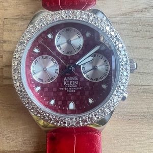 Anne Klein ladies diamond Swiss red leather sport watch NEW BATTERY